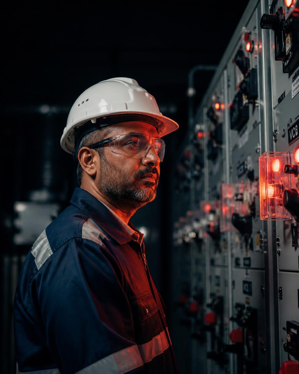 Powervision electrical engineer inspecting high-voltage switchgear