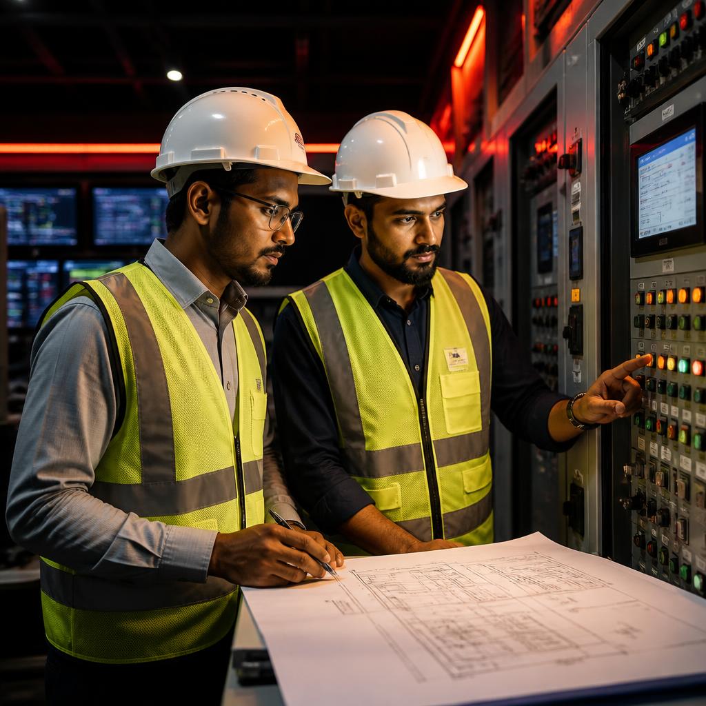 Powervision engineers reviewing control panel